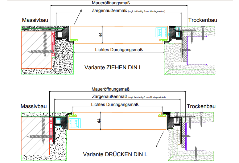 Technische Querschnittszeichnung für flächenbündige Türen im Massivbau und Trockenbau mit ziehender und drückender Variante